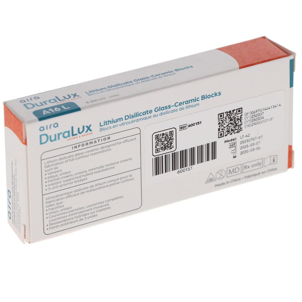 Aira 600151 DuraLux IPS e.max Type Blocks CAD inLab LT A2 A16 L 4/Pk