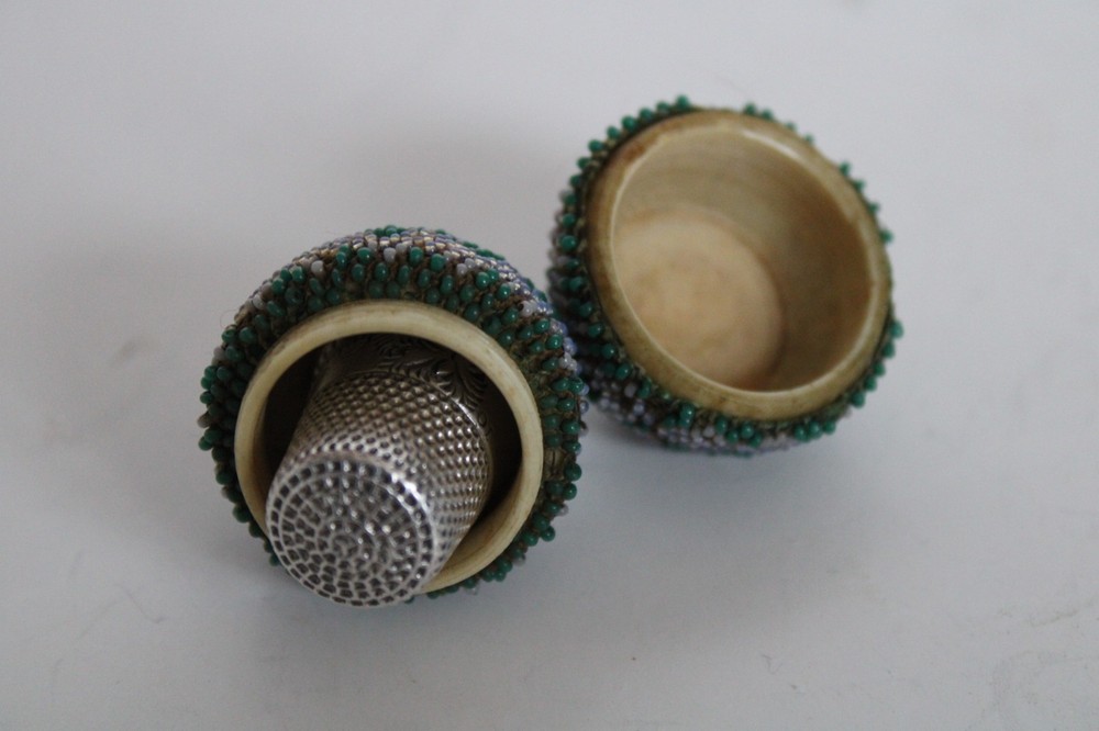 Antique 19th Century English Beaded Easter Egg Thimble Case w/ Sterling Thimble