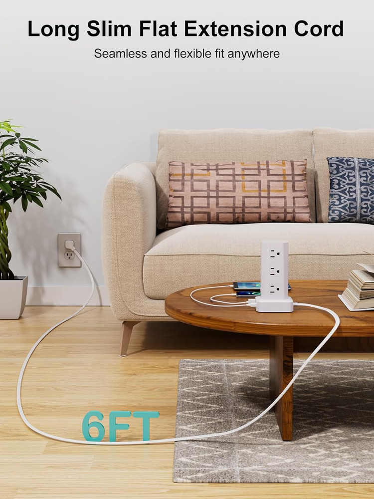 Power Strip Tower Surge Protector, 6FT Flat Plug Extension Cord with Multiple Ou