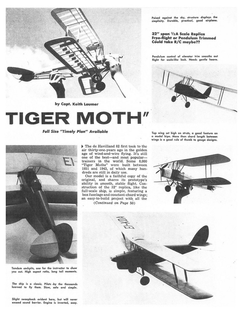 Model Airplane Plans (FF): DH-82A Tiger Moth 32" Scale ½A by Capt. Keith Laumer