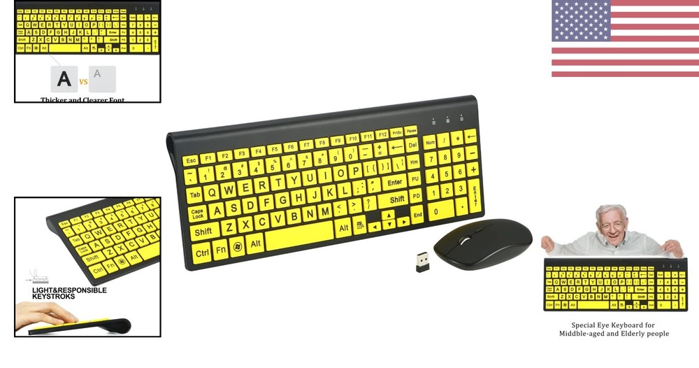 Large Print Wireless Keyboard & Mouse Set for Easy Typing - Ideal for Low Vision