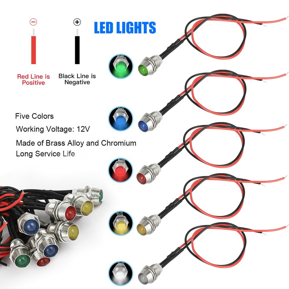 10PCS Car Boat LED Metal Indicator Light 12V 8mm Pilot Dash Panel Single Lamps