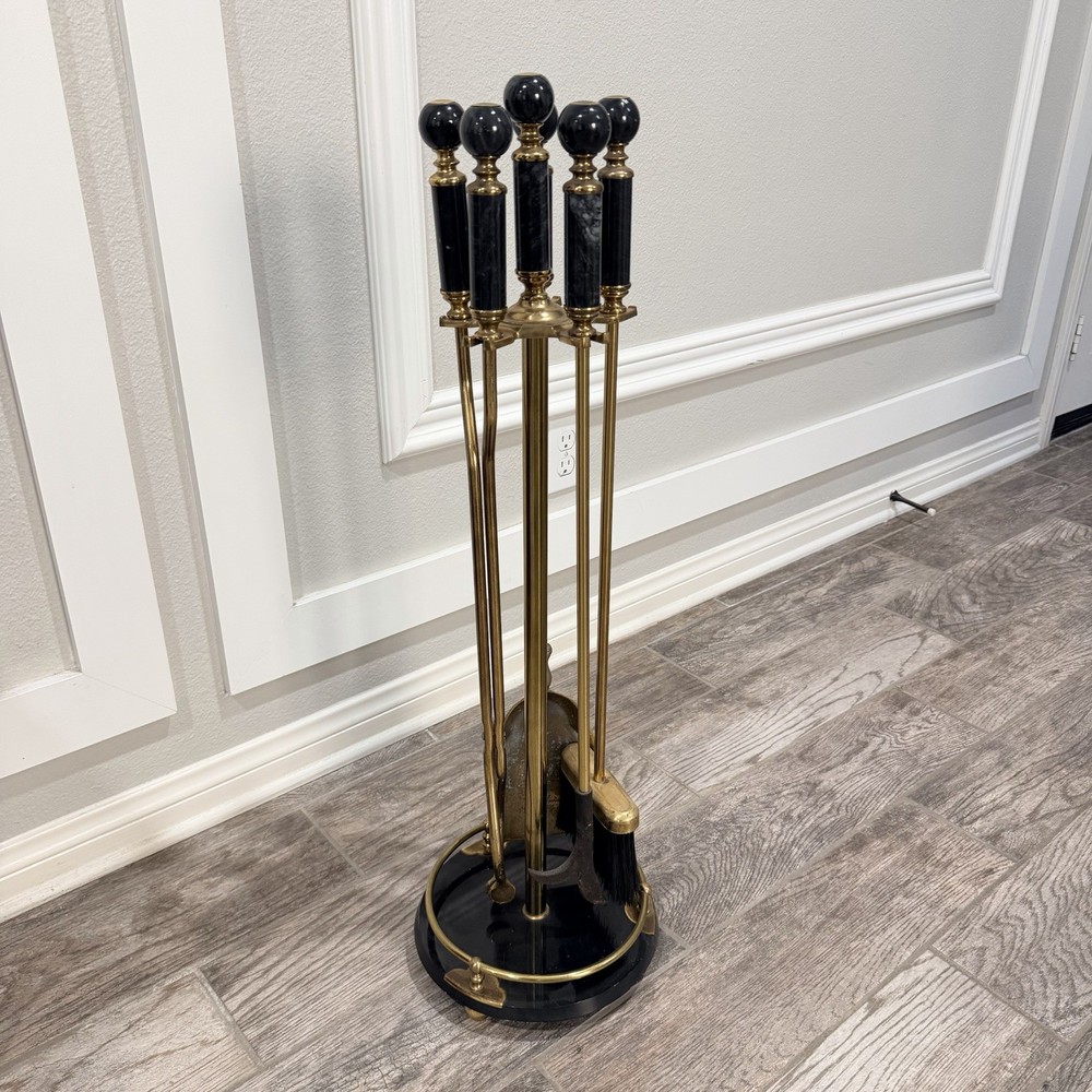 VTG Black Marble Handles And Base Brass Fireplace Tool Set