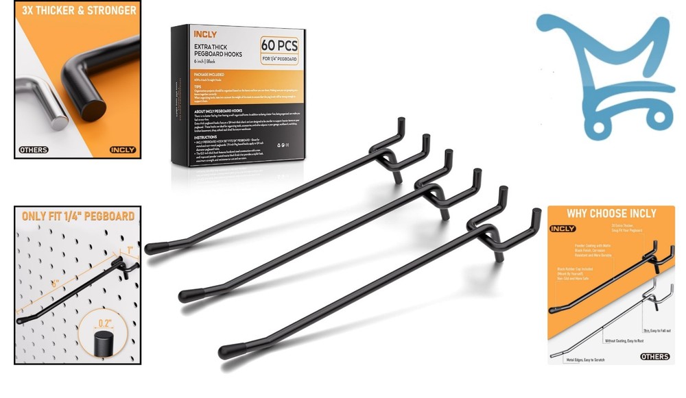 60 Pack 6 Inch Heavy Duty Black Pegboard Hooks Organizer Garage Tool Storage