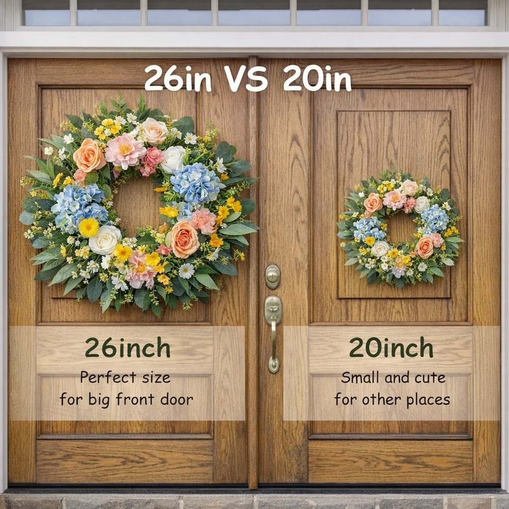26 Inch Spring Wreath for Front Door Easter Wreath with Hydrangea, Peony & Ro...