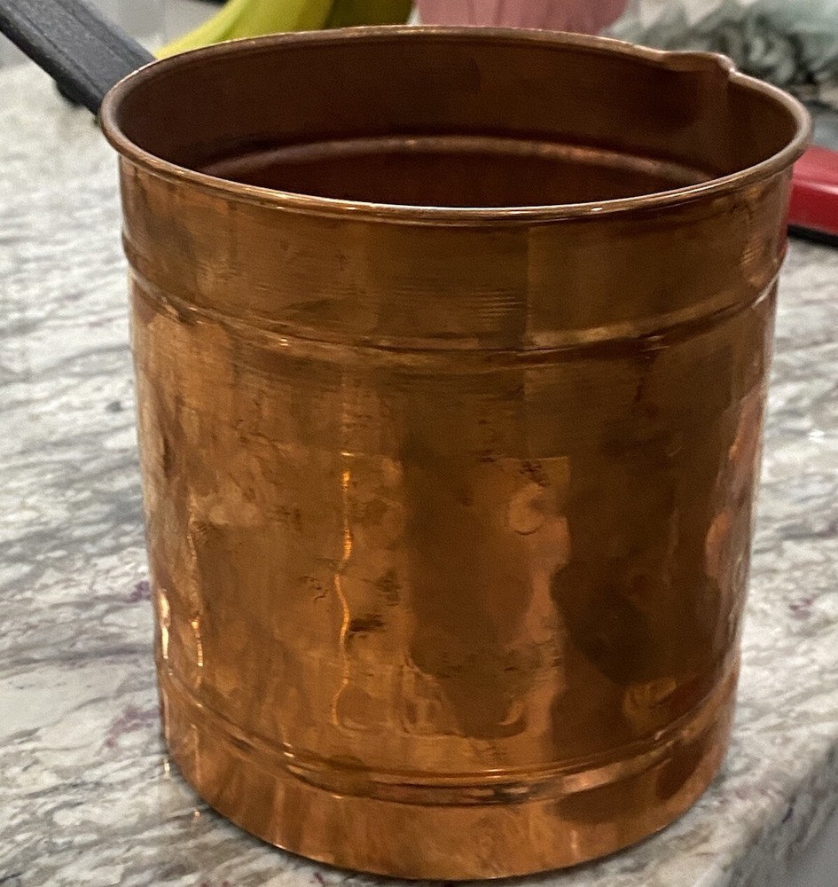 Solid Hammered Copper Pot 8”wide with Long Cast Iron Handle For Hanging. Mint!