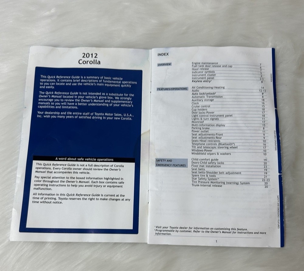 2012 Toyota Corolla Owner's Manual & Quick Reference Guide