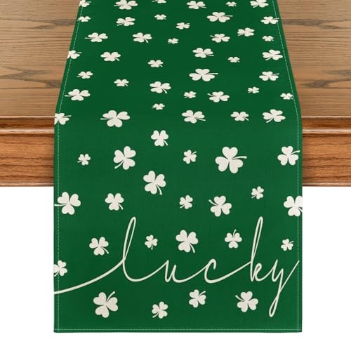 Lucky Shamrock St. Patrick's Day Table Runner, Table Runner, 13" x 72" Green