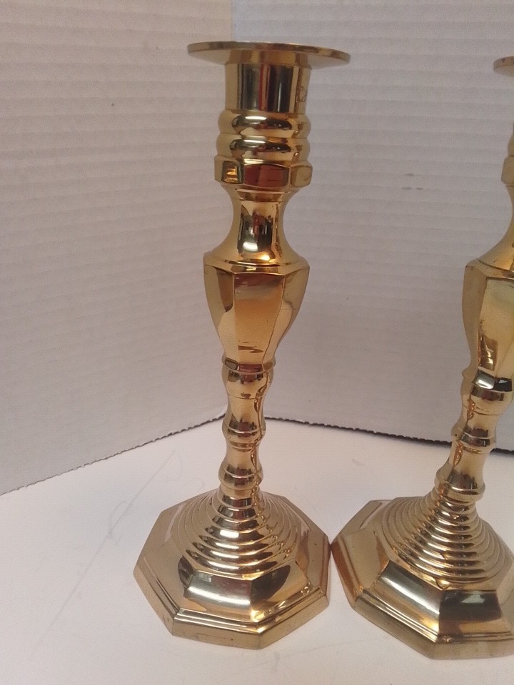 Vintage Baldwin Solid Brass Candlestick Holders Pair 8” Octagon Base Forged USA