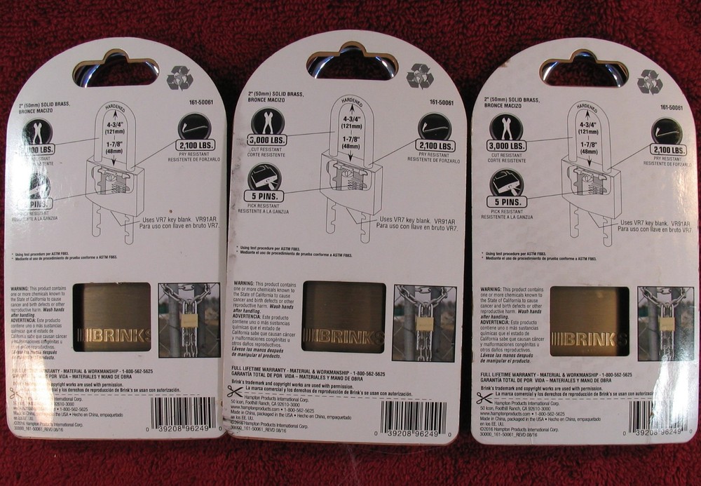 3 New BRINKS 161-50061 Hardened Solid Brass Keyed Padlock Adjustable Shackle