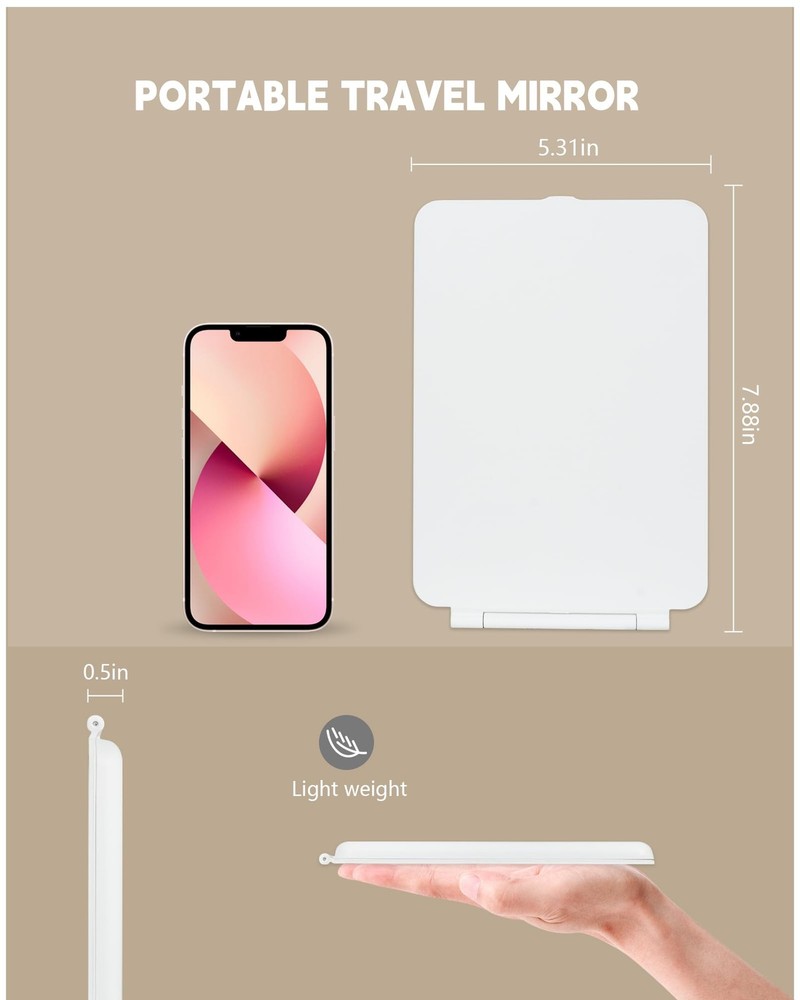 Rechargeable LED Makeup Mirror with Touch Screen, 3 Light Colors, Compact Size