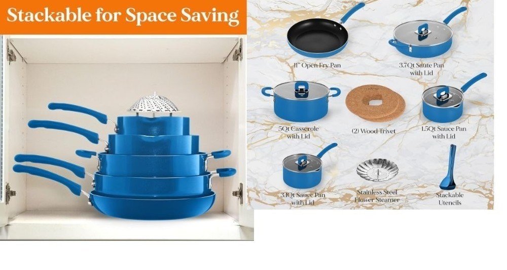 NutriChef  Kitchenware 17-pc Non-Stick Space Saving Cookware Set, Blue