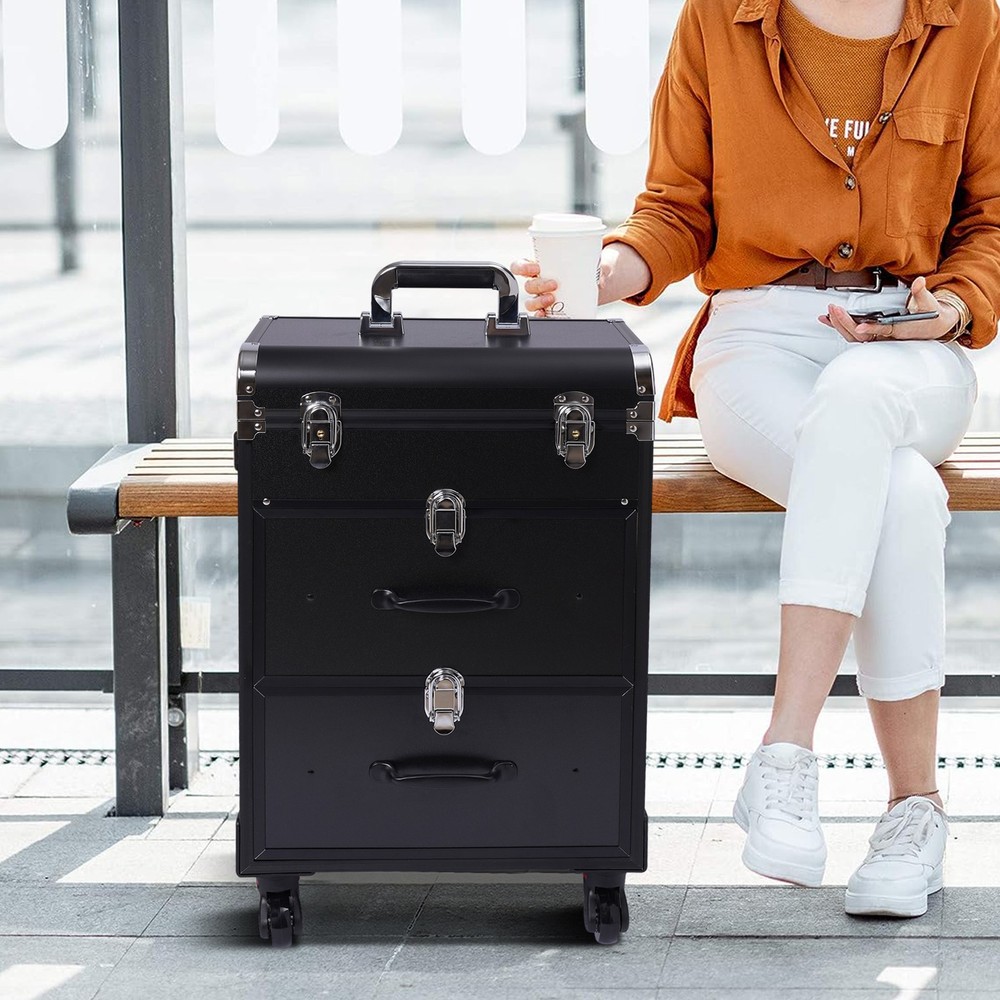 Makeup Train Case Professional Aluminum Rolling Cosmetic Trolley Makeup Storage