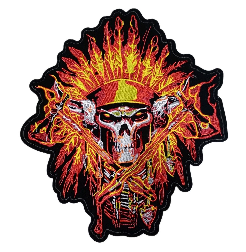 Skull Feather Fire Axe Warrior Large Embroidered Iron-on Biker Back Patch 12"