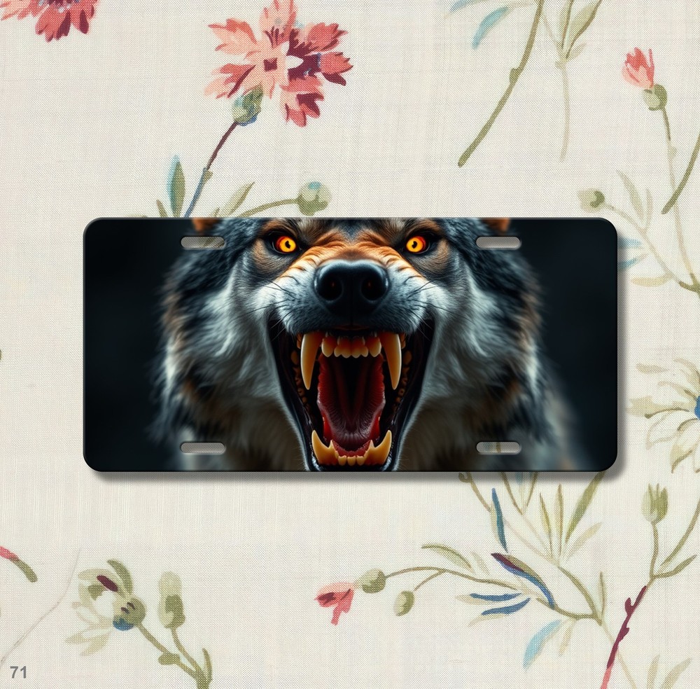 Hyperrealistic Wolf License Plate Fierce Expression Optional Text Front Plate Bi