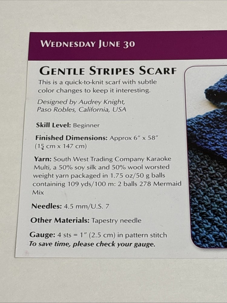 Gentle Stripes Scarf Knitting Pattern Card Page