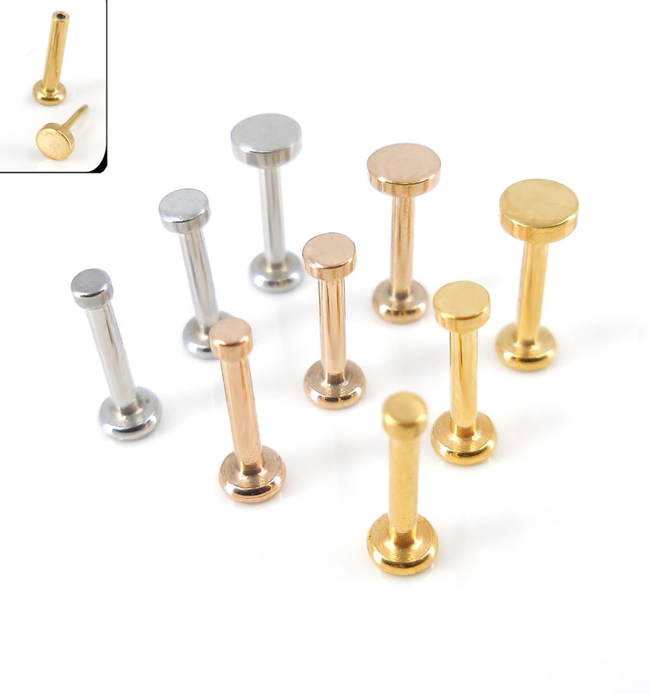 Threadless Labret 18G Ear Nose Cartilage Flat Disc Stud Gold Tone Rings Push Pin