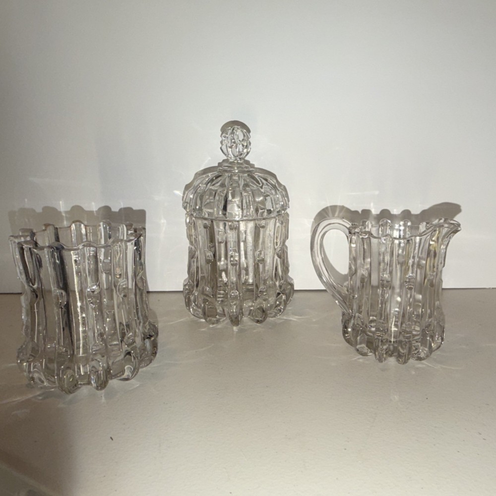 Clear Glass Patterned Creamer & Sugar Set with Handles, Lid, Round
