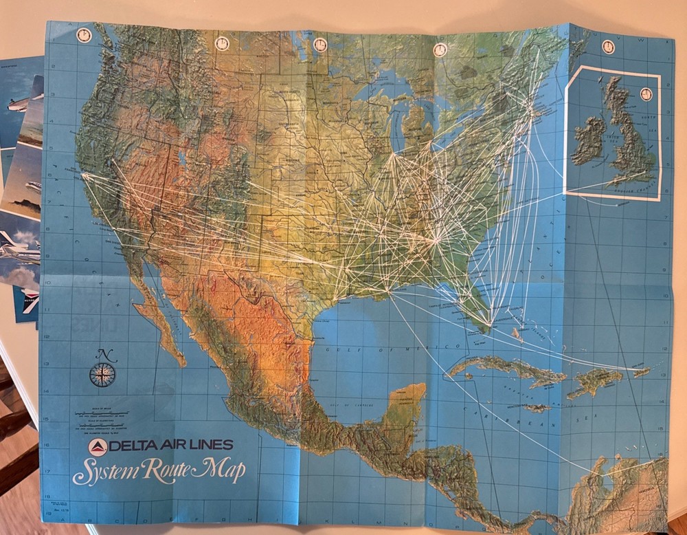Vintage Delta Air Lines System Route Map Fold-Out + Post Cards