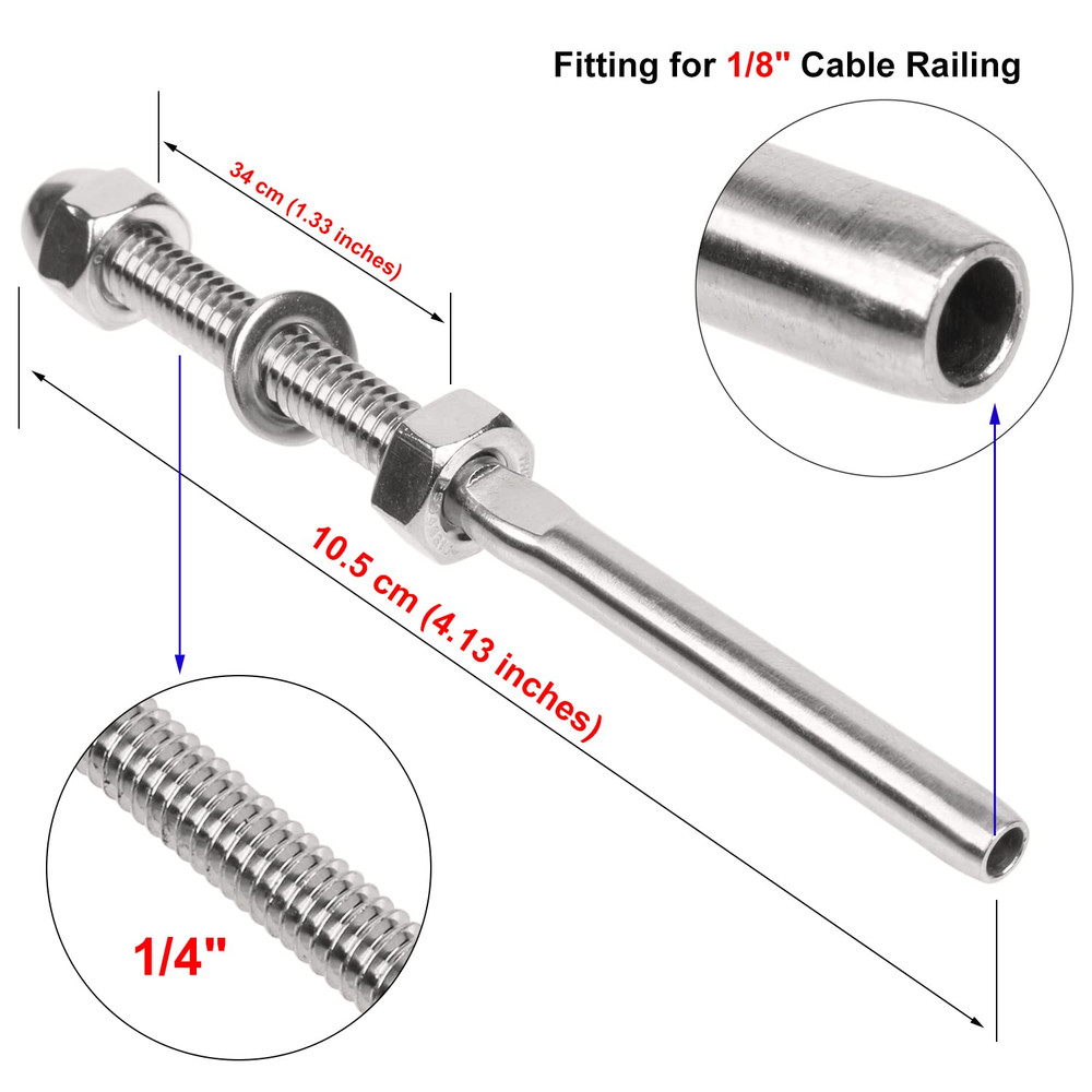 50 Pack Cable Railing Swage Threaded Stud Tension End Fitting Terminal for 1/8"