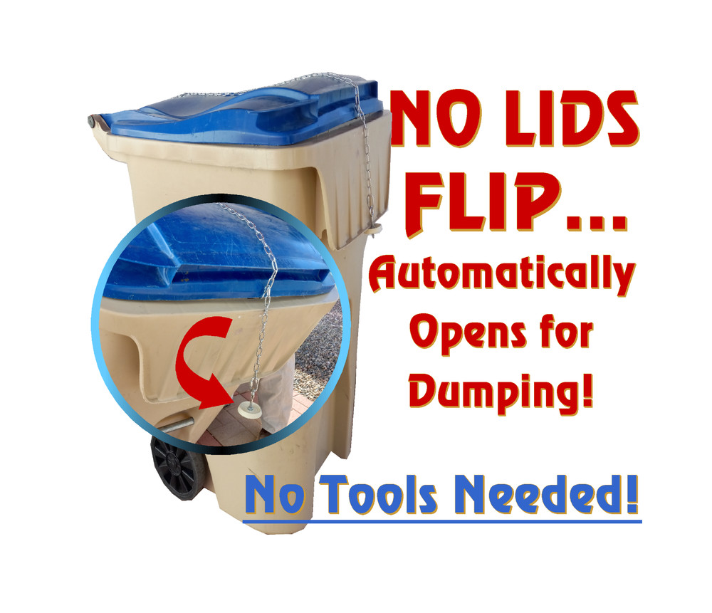 GRAVITY TRASH CAN LID LOCK, No Tools Required - Opens Automatically for Dumping