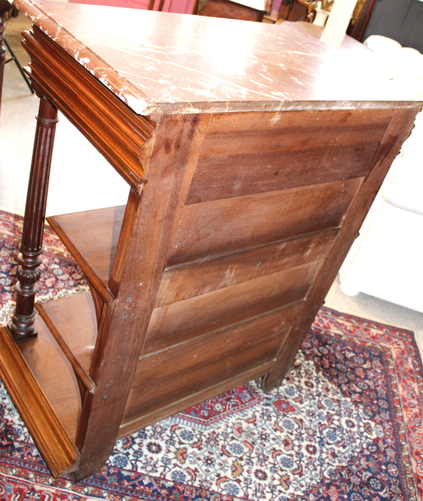 French Antique Marble Top Henry II Walnut Small Sideboard / Server / Entry Side