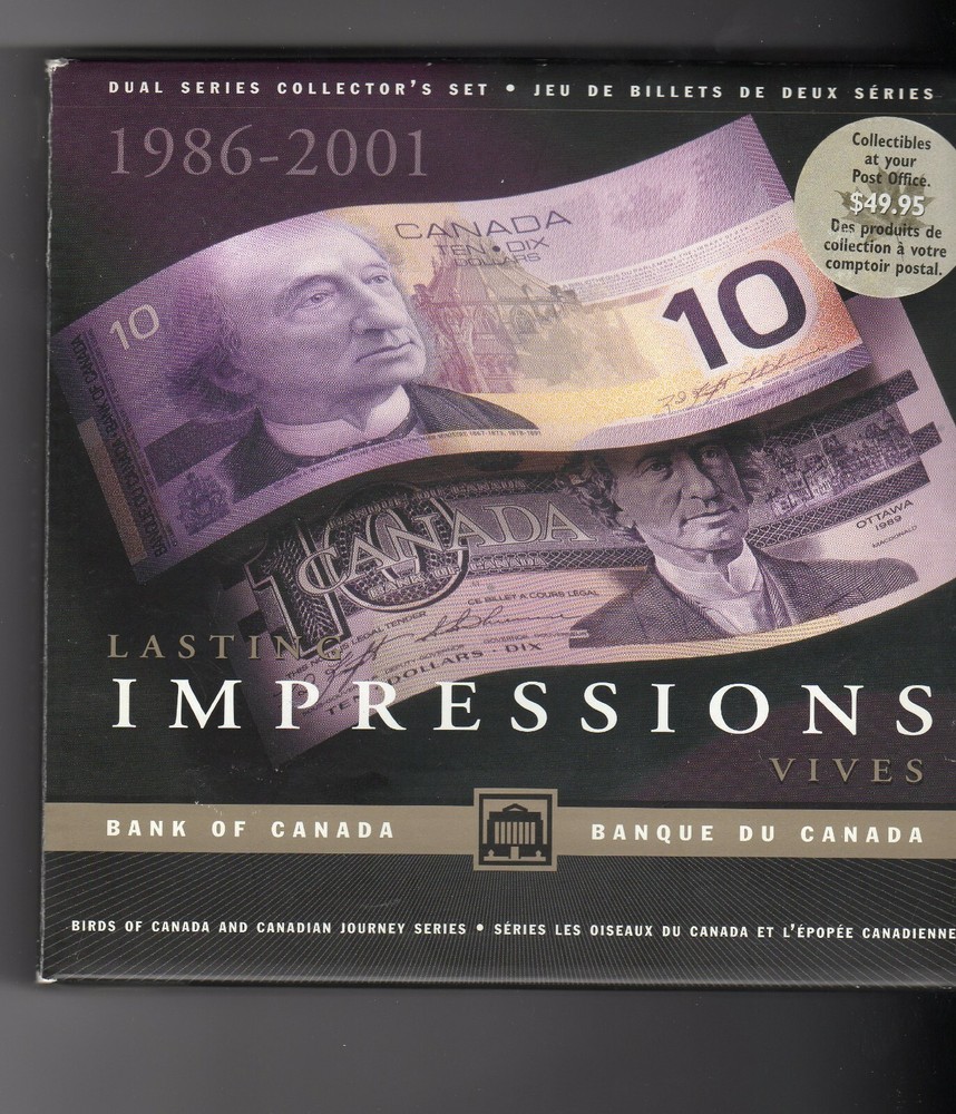 Canadian 1986 and 2001 $10 uncirculated notes set with same serial numbers