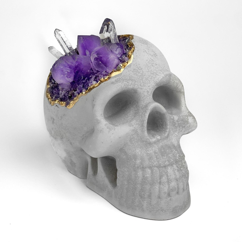 Amethyst Quartz Crystal Skull | Concrete Geode Decor Purple