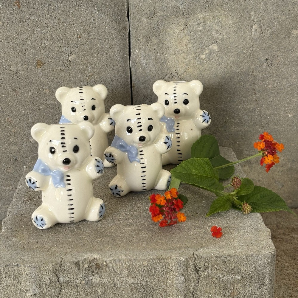 Beads Macrame Bears Ceramic Vintage (4) Blue And White
