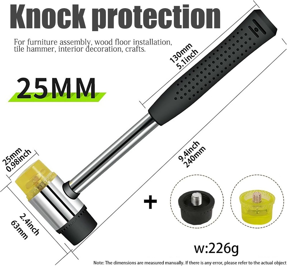 2 PCS Rubber Hammer with 2 Soft Rubber Head,8 Oz & 25mm Multi-function Double He