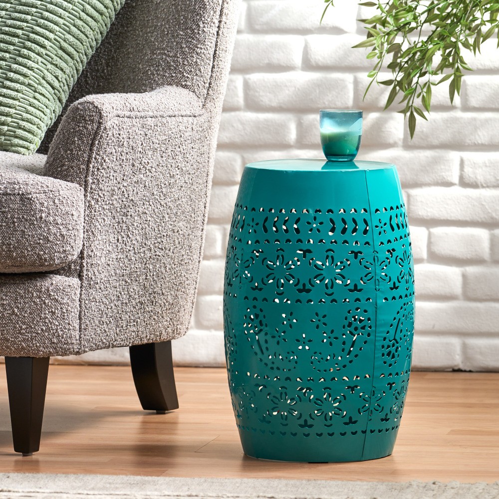 Home Ruby Outdoor 12" Iron Side Table, Teal