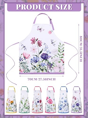 6 Pcs Spring Kitchen Aprons with Pockets Flower Multicolored Spring Floral
