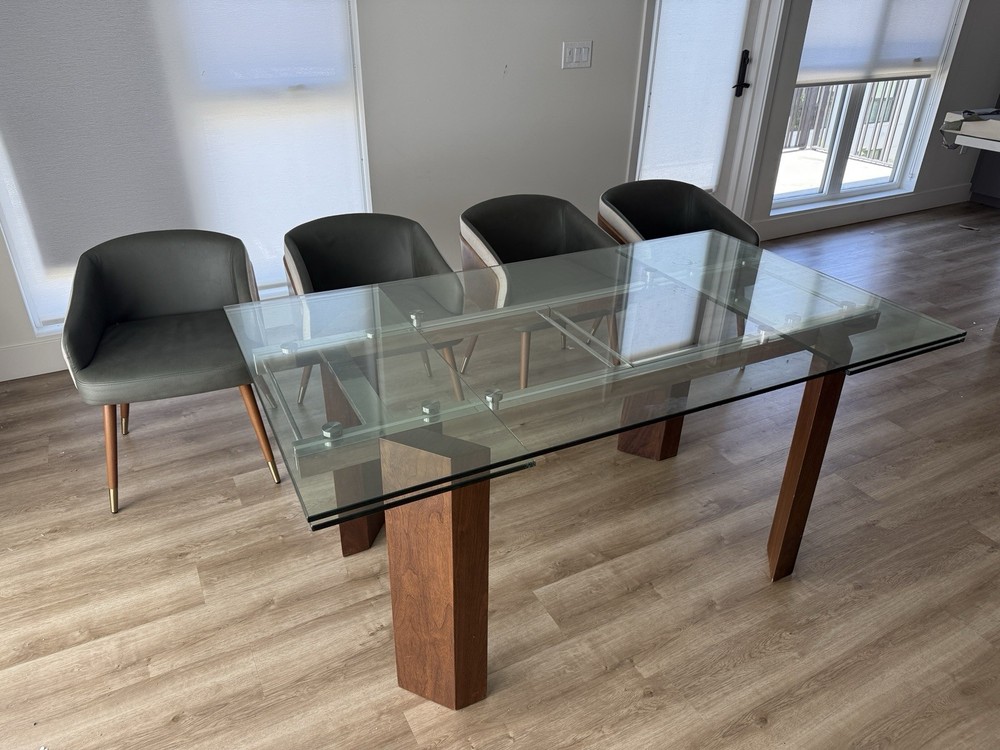 4 Seat Dining Room Set. Extendable Glass Table . Solid Wooden Legs