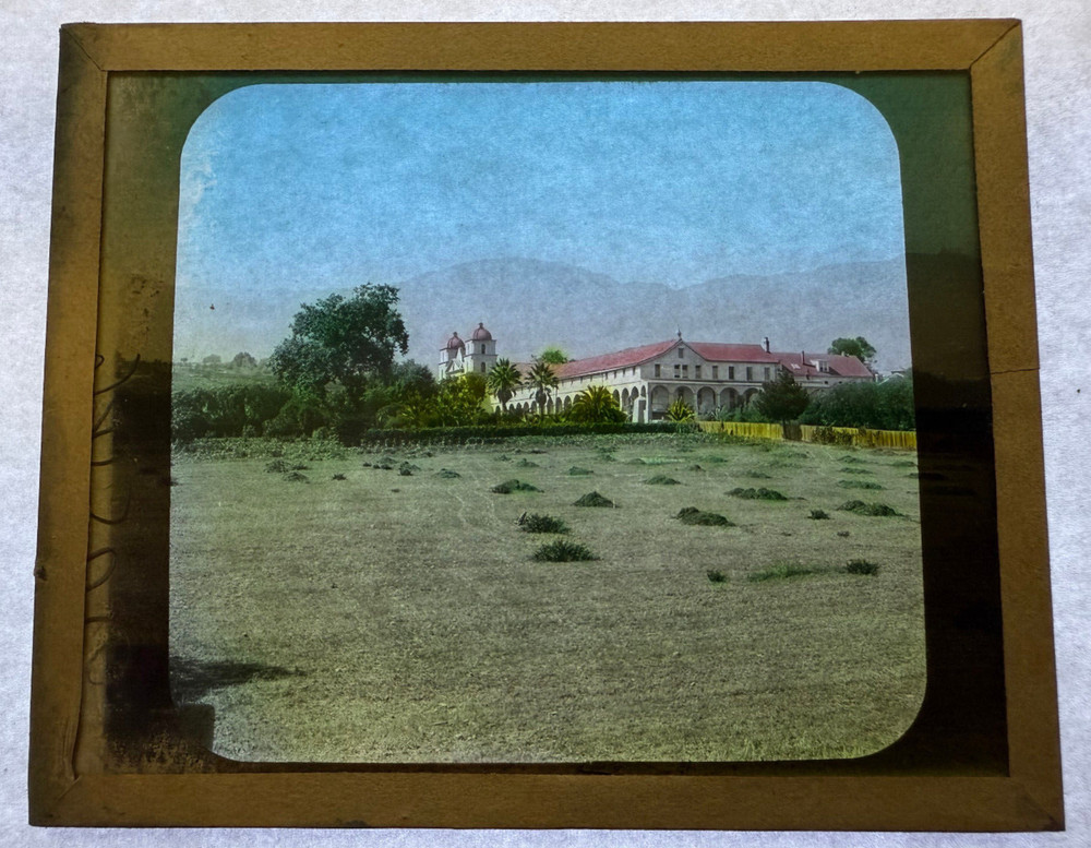 MAGIC LANTERN SLIDE COLORED SANTA BARBARA MISSION CAL. SO PAC RR. 1900'S