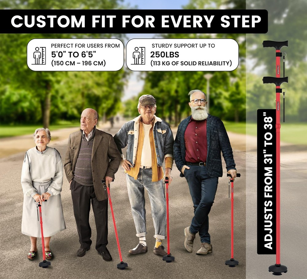 Walking Cane for Men & Women – Foldable, Adjustable, Self-Standing Cane with ...