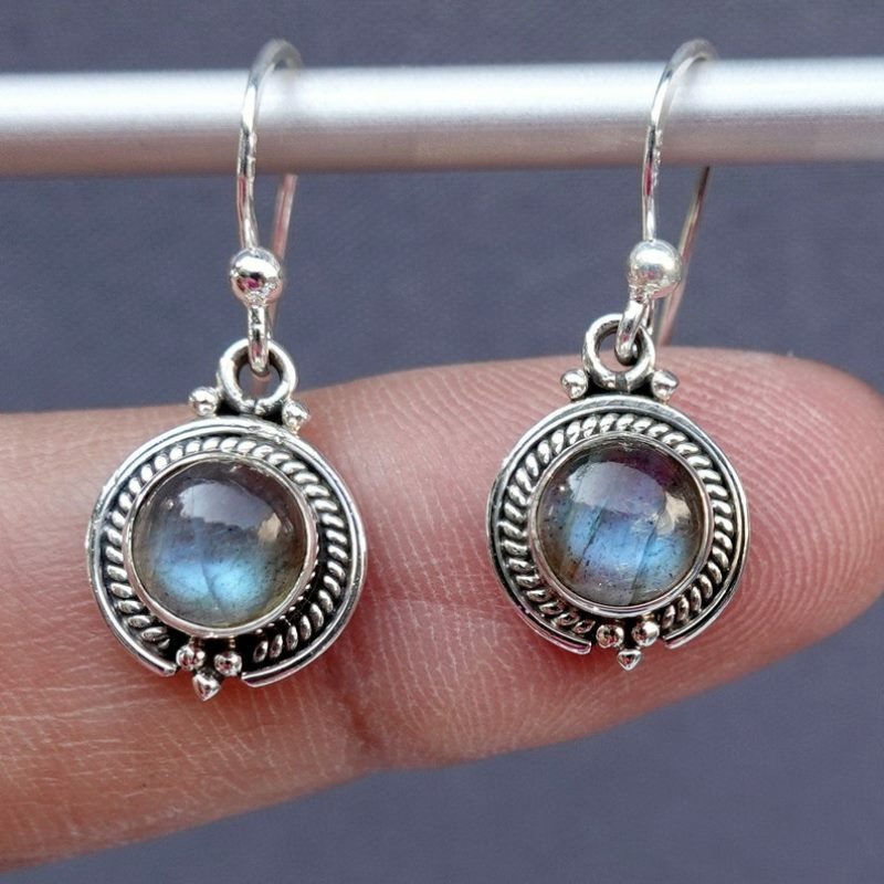 Sterling 925 Silver Solid Labradorite Stone Genuine Handmade Dangle Earrings