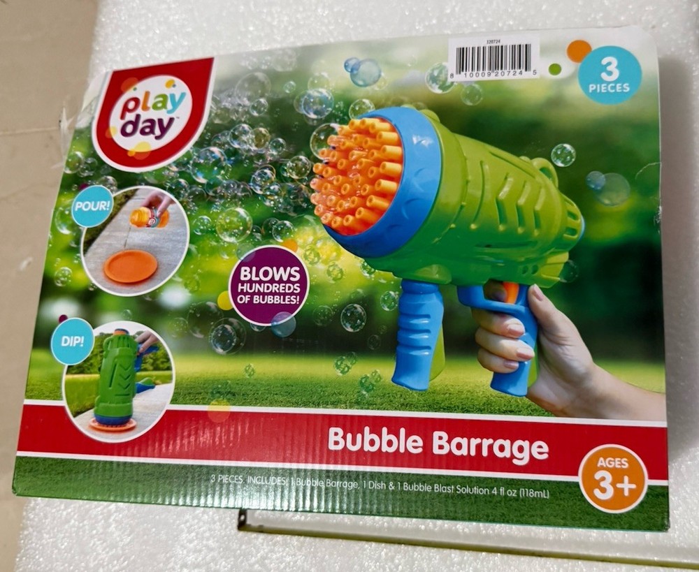 Play Day Bubble Barrage Blaster 3 Pieces Includes 4oz Solution & Drip Tray