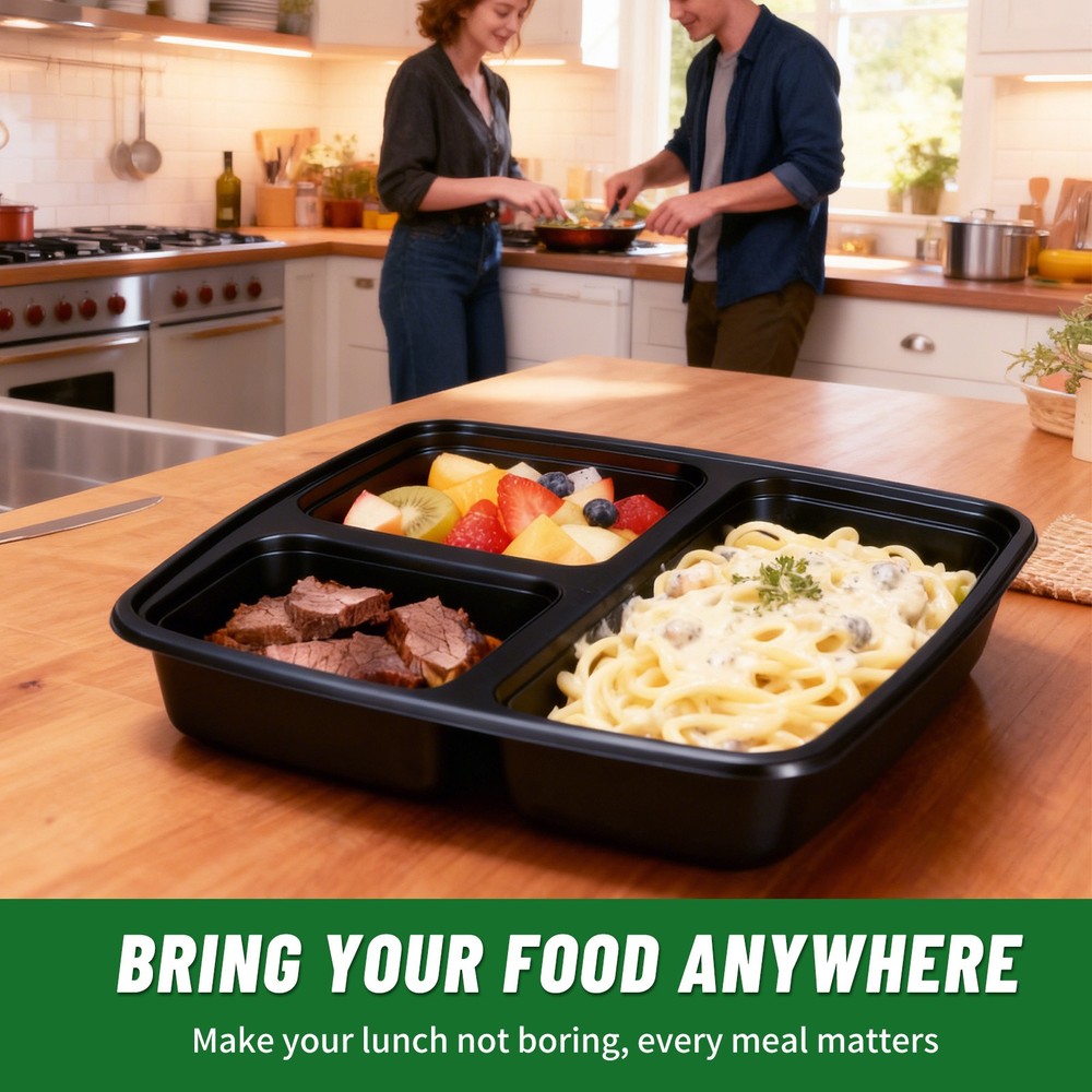 50Packs 39oz 3-Compartment Containers Leakproof Stackable Takeout/Picnic