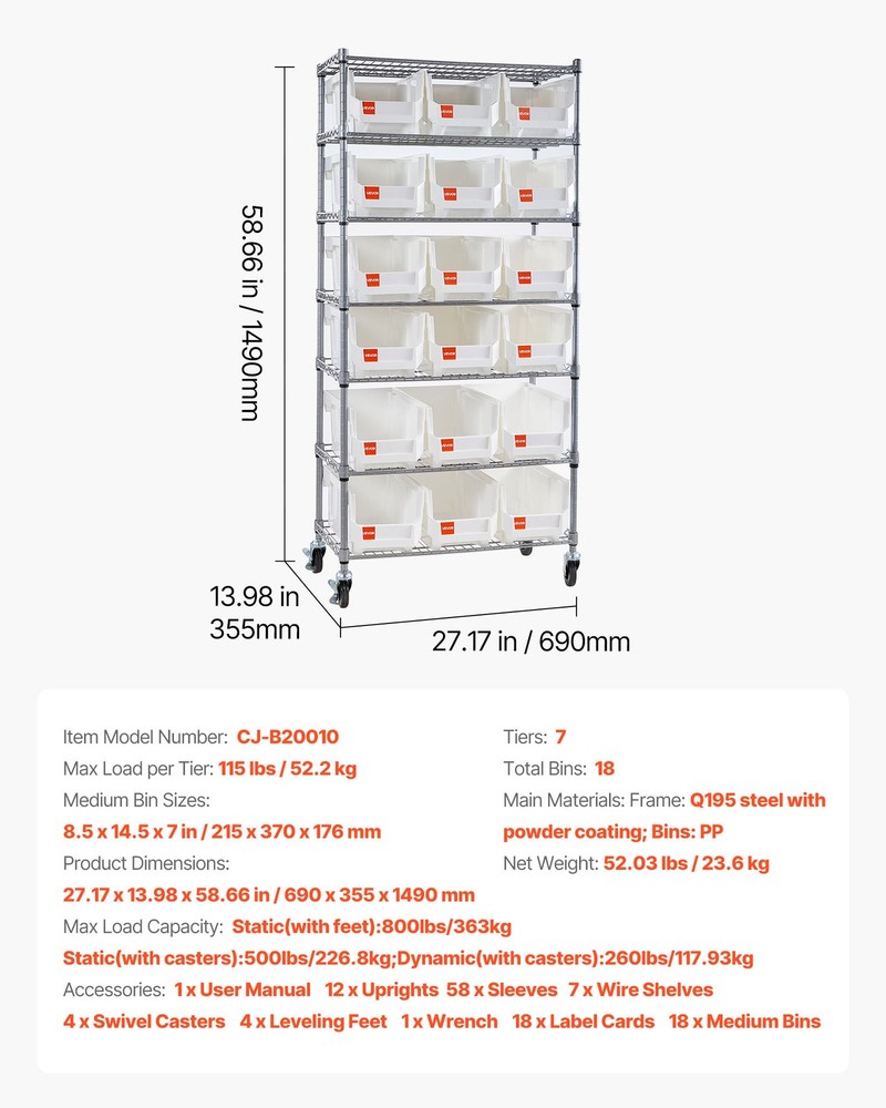 VEVOR Rolling Bin Storage Rack 7-Tier Bin Rack Storage System with 18 Bins