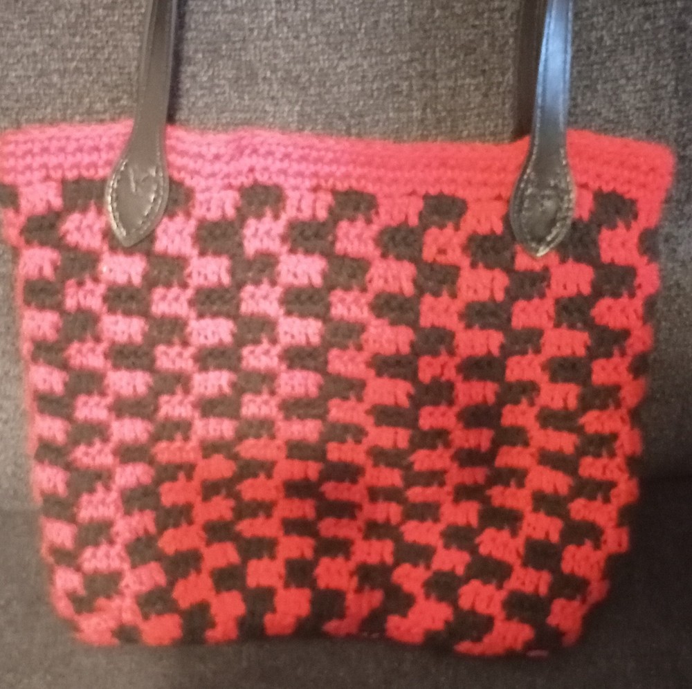 Handmade Crochet Bag Red Black Pattern with Black Handles.