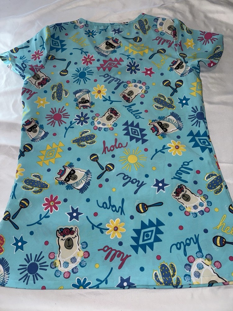 Aqua Above XS Patterned Blue Multicolor Scrub Top Polyester Spandex