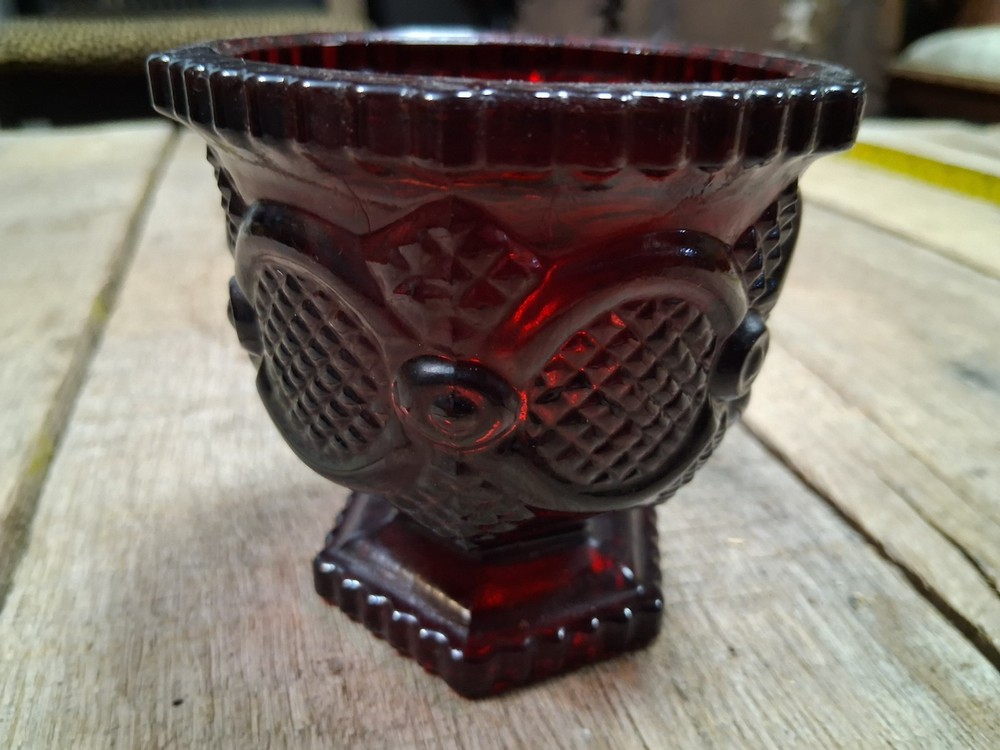 Ruby Red Pressed Glass Sugar Bowl (Open) with Button & Diamond Panels