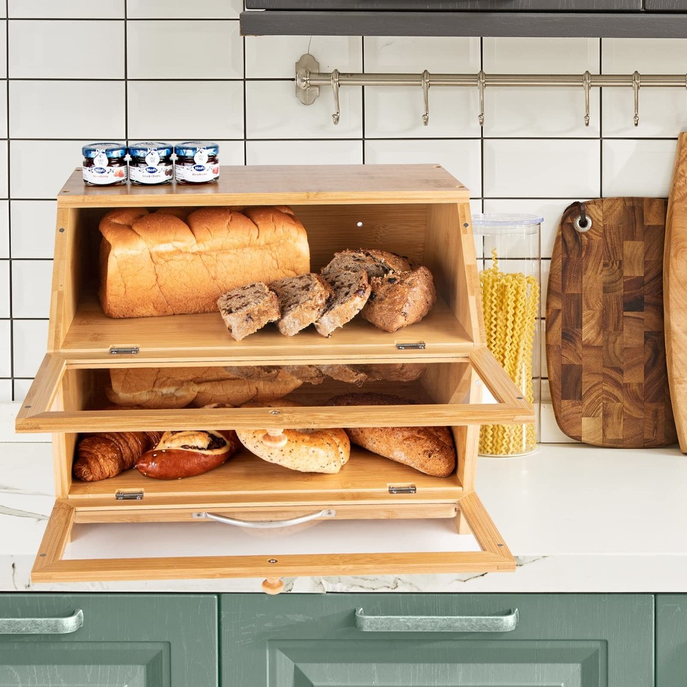 MAISONPEX Double Layer Bamboo Bread Box for Kitchen Countertop, Cutting Board...