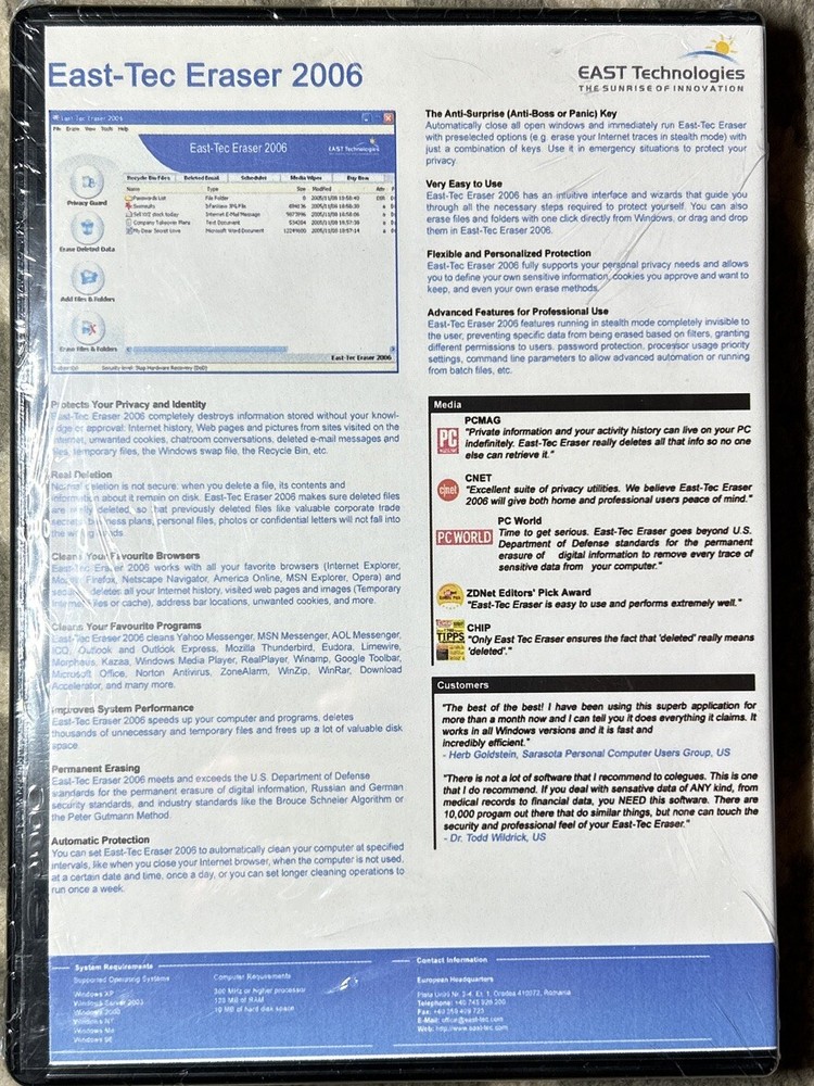 2006 East-tec Eraser, remove delete internet traces PC Privacy Protection DISC