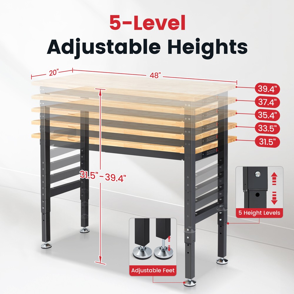 48 '' Adjustable Workbench with Power Outlet Heavy Duty 2000LBS Workstation US