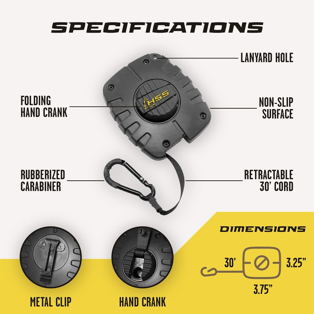 Bow & Gear Hoist: 30' Automatic Unwinding Pull Line with Coated Carabiner, Light