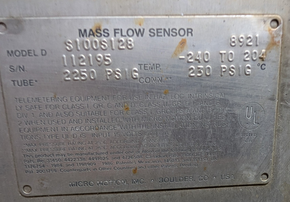 🤪 EMERSON MICRO MOTION MASS FLOW SENSOR 2250 PSIG MODEL D S100S128