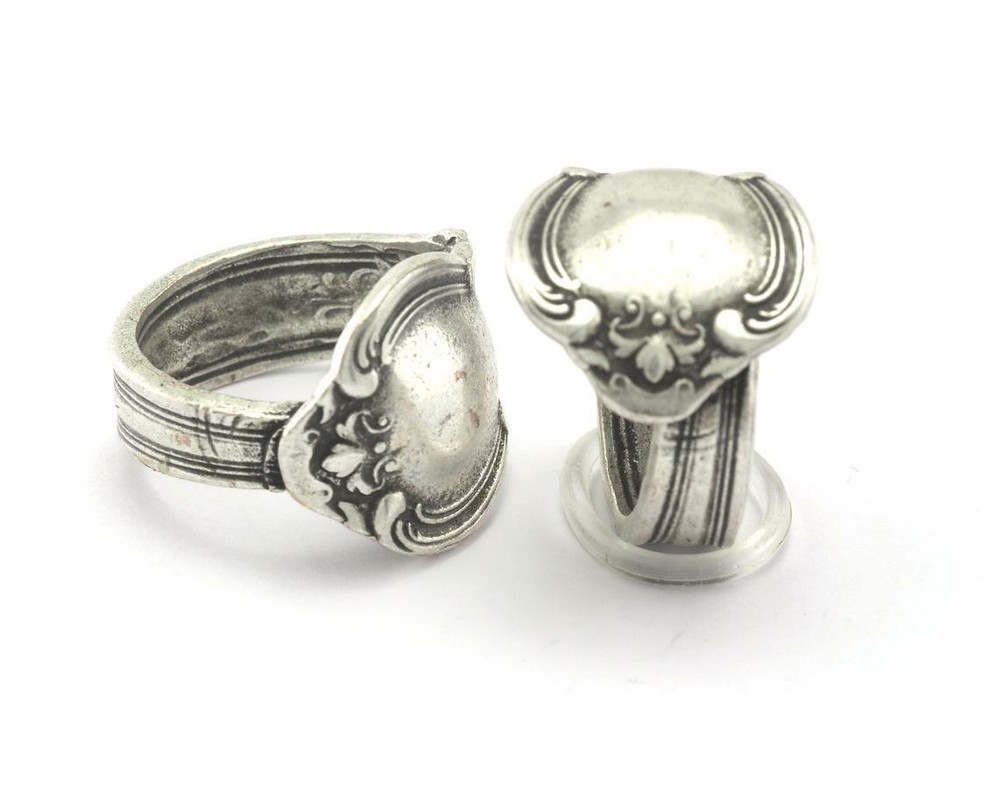 Spoon Ring Flower Patterned Adjustable Ring Antique Silver Plated Brass 7US