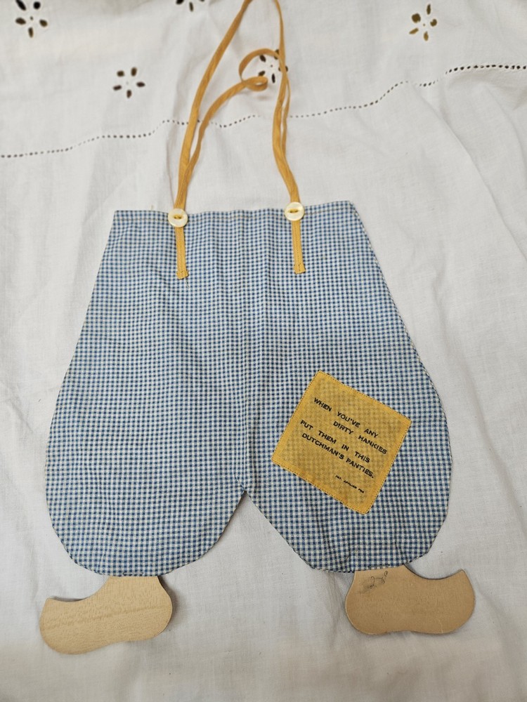Checked Fabric Hanging Pin Bag Blue White Yellow Pants Shape Drawstring 12"