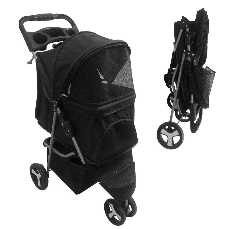 3/4-Wheels Folding Pet Stroller with Cup Holder, Mesh Window Portable Stroller